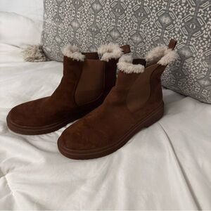 American Eagle Brown Suede Ankle Boots with Faux Fur Trim
